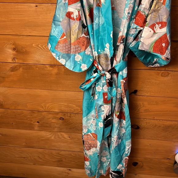 Beautiful Authentic Japanese Vintage Floral Geisha Teal Kimono Robe cotton Japan - Picture 2 of 12